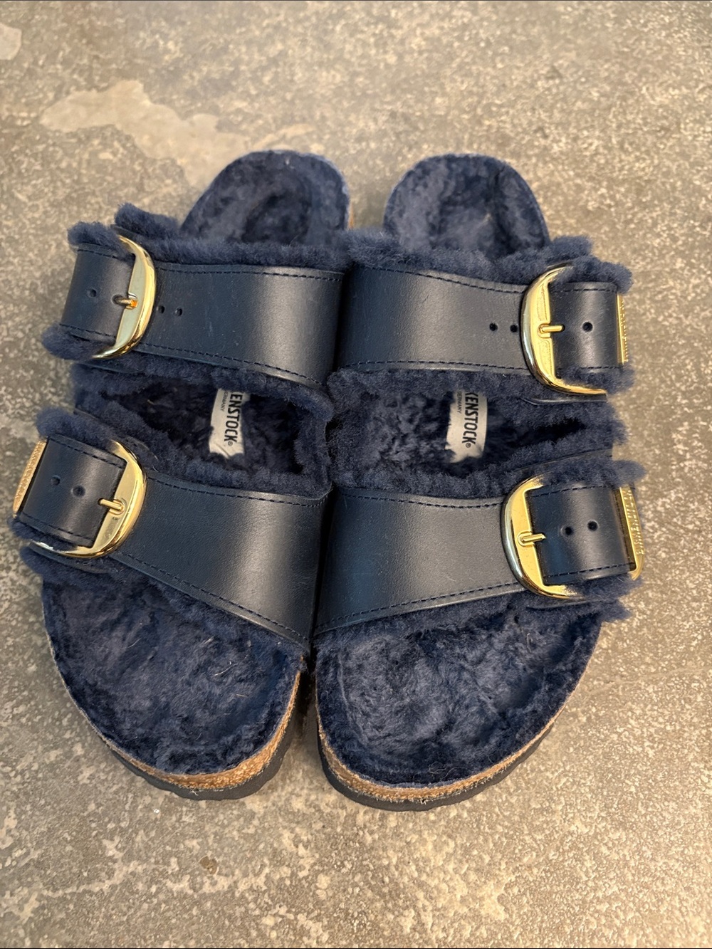 Birkenstock Double-Strap Shearling Sandals - Dark Blue with Gold Buckles